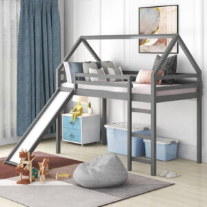 Gray Twin Over Twin PlayHouse Perpendicular Bunk Bed with Slide