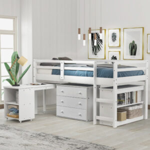 White Finish Twin over Full Bunk Bed with Trundle