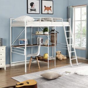 White Twin Over Twin Size Bed with Shelves and Drawers