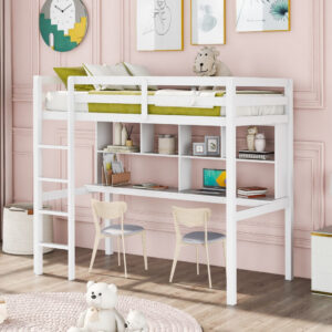 White Twin Loft Bed With Desk and Shelves