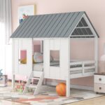 Playhouse with Windows and Roof White Twin Size Low Loft Bed