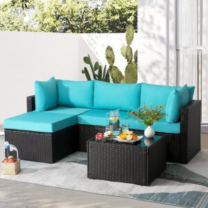 Beige and Brown Wicker L Shape Three Piece Sofa Set