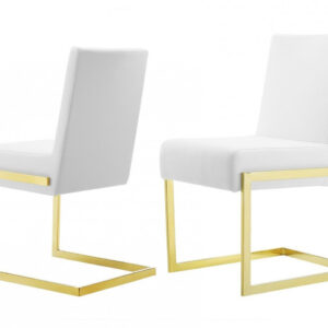 Set of Two White Gold  Faux Leather Fabric Dining Chairs