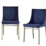 Set of Two Blue Velvet Antique Brass Contemporary Dining Chairs