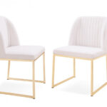 Set of Two White Gold  Faux Leather Fabric Dining Chairs