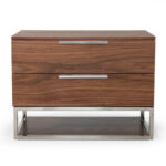Contemporary Walnut and Stainless Steel Nightstand with Two Drawers