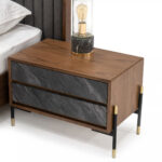 Mid Century Walnut and Gray Faux Marble Two Drawer Nightstand