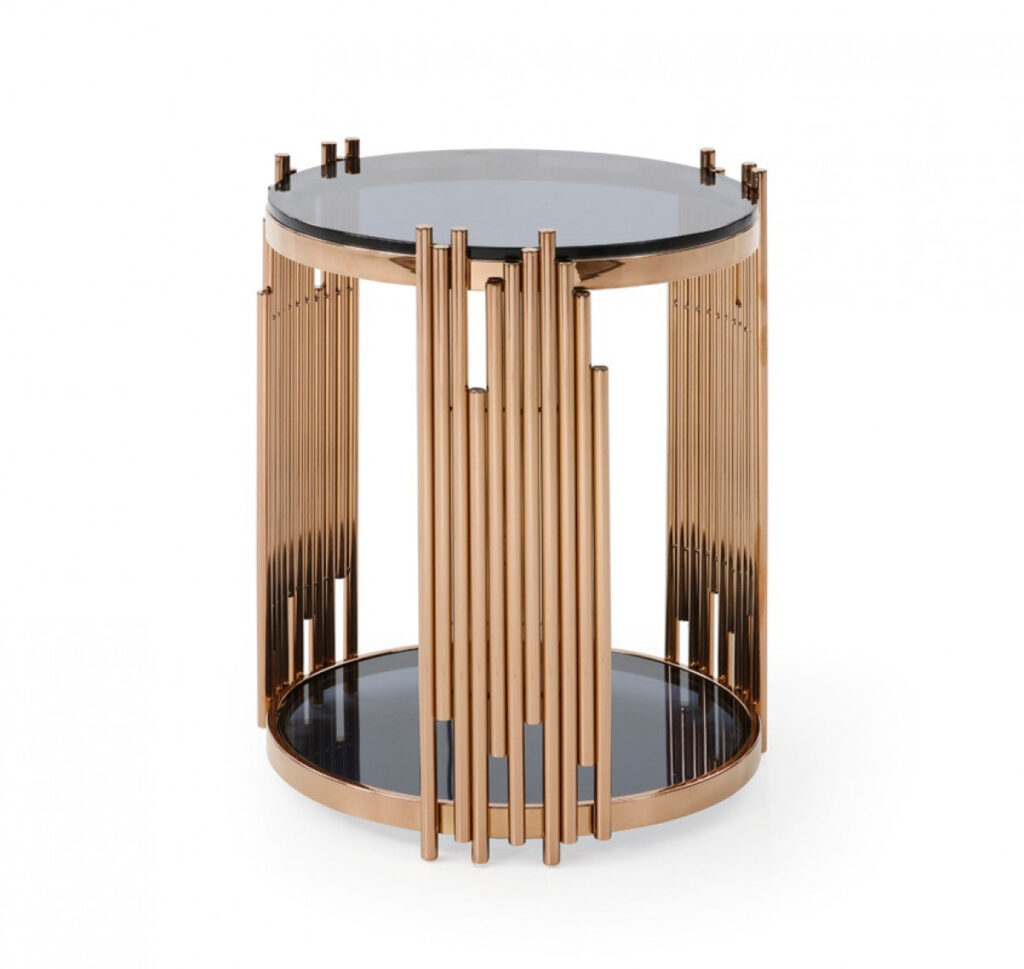 Stylish Round Rose Gold And Smoked Glass End Table