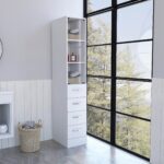 White Bathroom Storage Cabinet with Glass Door and Sliding Drawers