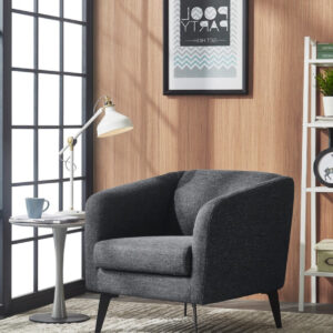 30” Gray Modern Faux Leather & Walnut Wood Swivel Bar Stool