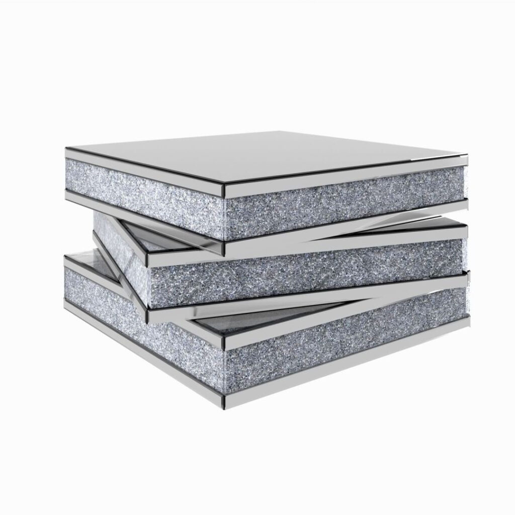 32″ Rubik’s Bling Silver Mirror and Faux Crystals Coffee Table