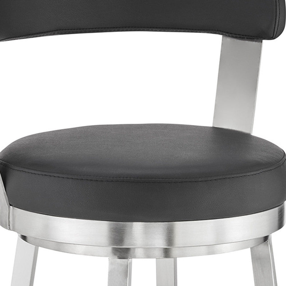 26" Chic Black Faux Leather with Stainless Steel Finish Swivel Bar Stool