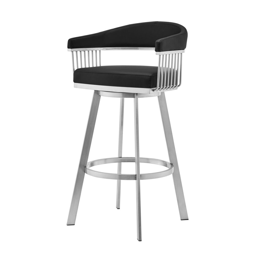 30″ Mod Black Faux Leather Brushed Silver Finish Swivel Bar Stool