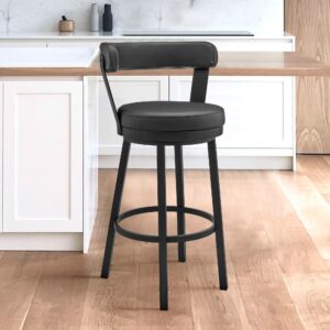Grey Faux Leather Walnut Wood and Black Swivel Adjustable Bar Stool