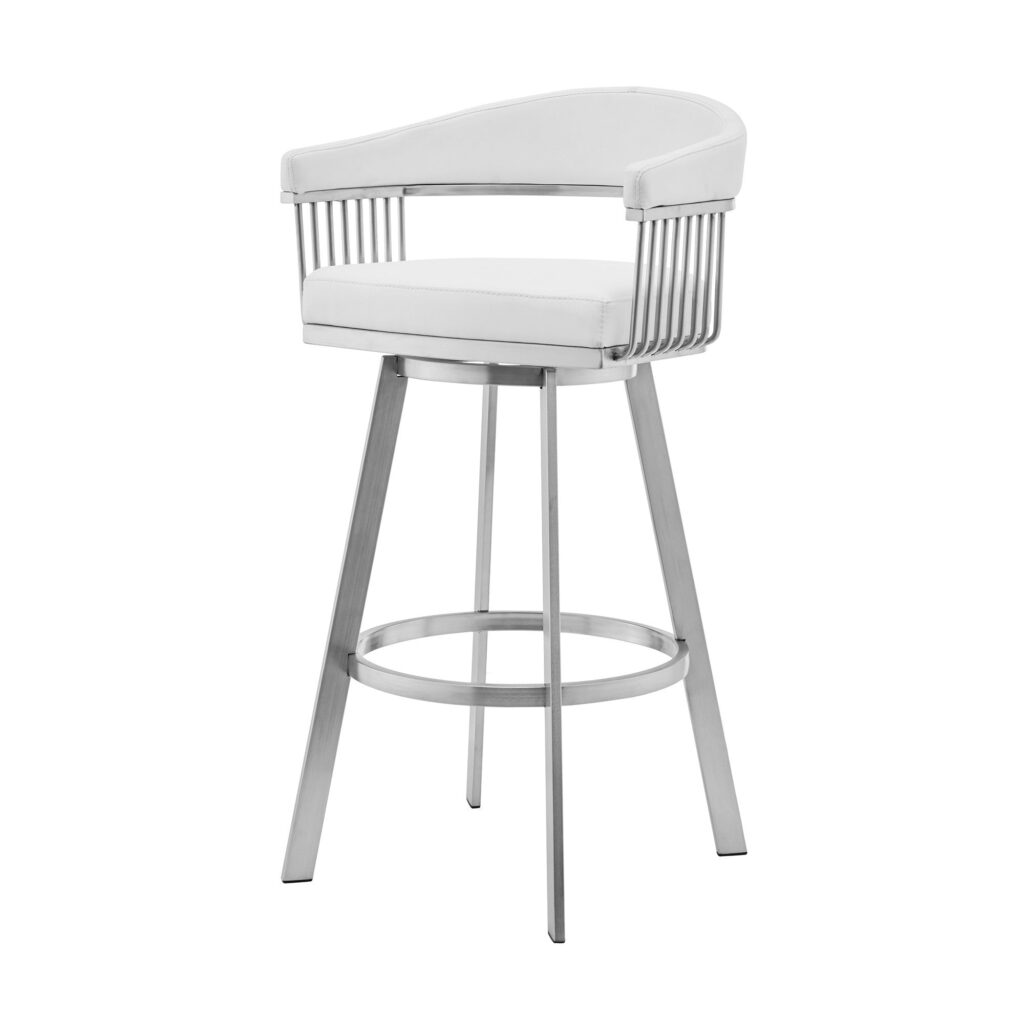 26″ Mod White Faux Leather Brushed Silver Finish Swivel Bar Stool