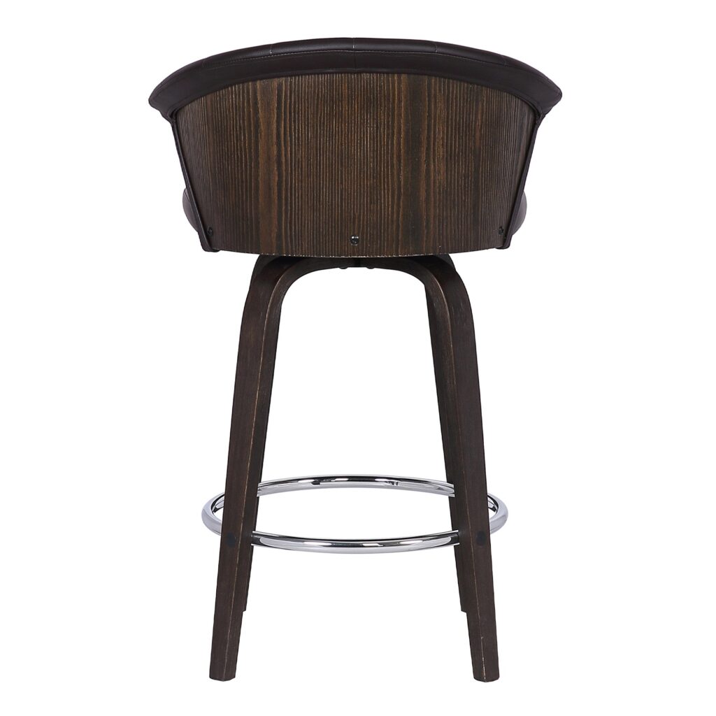 26″ Dark Brown Faux Leather and Rustic Wood Back Swivel Bar Stool