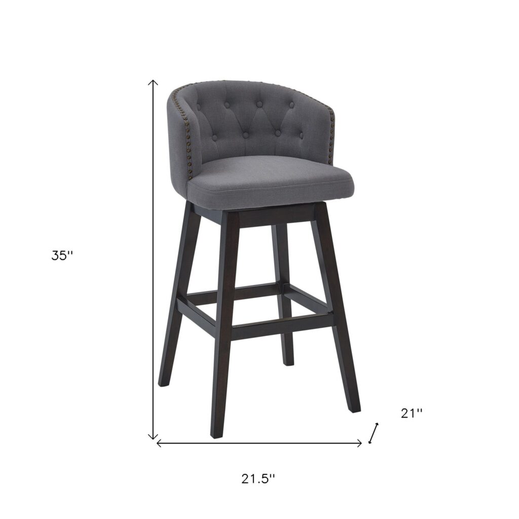 26″ Grey Tufted Fabric and Dark Espresso Wood Swivel Bar Stool