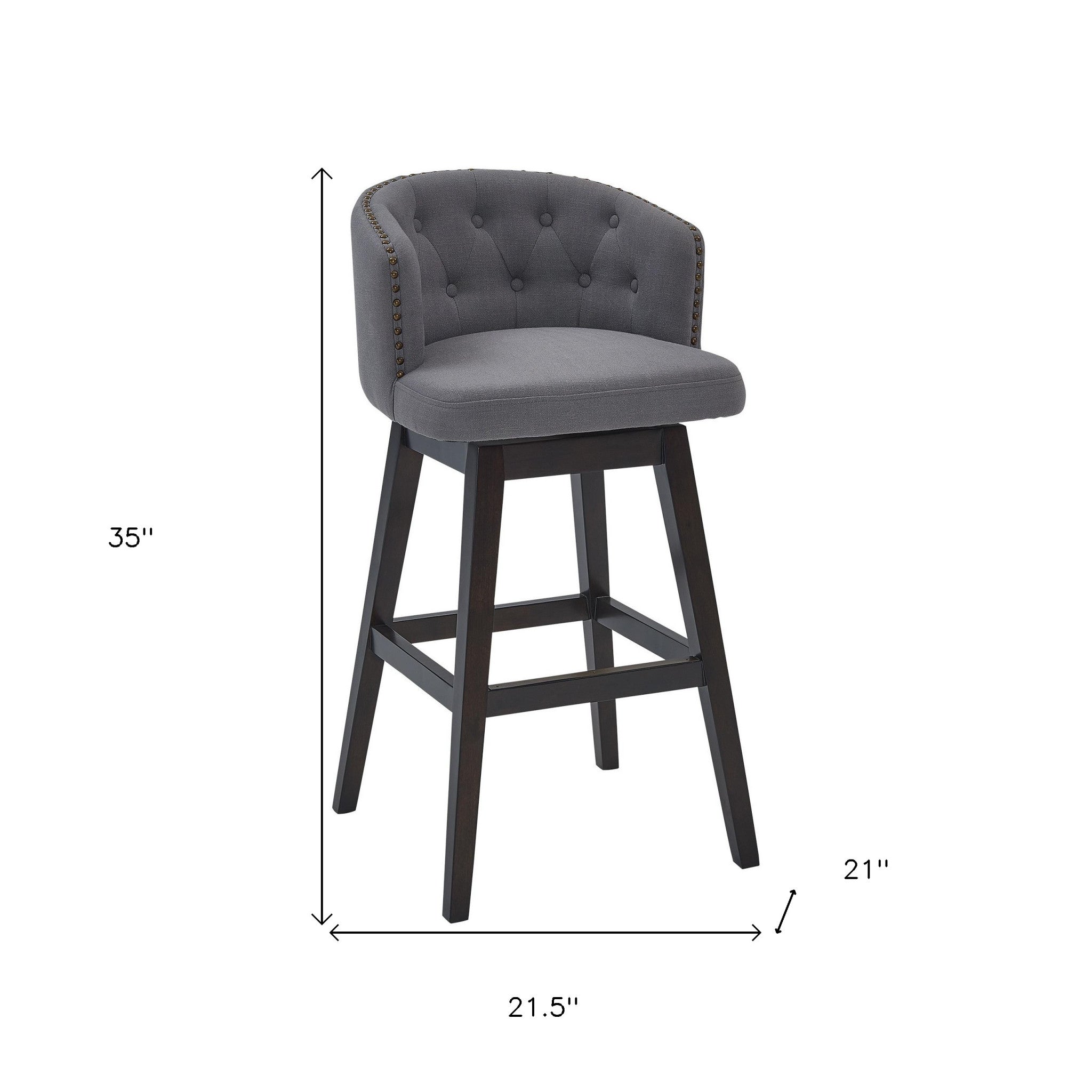 26" Grey Tufted Fabric and Dark Espresso Wood Swivel Bar Stool